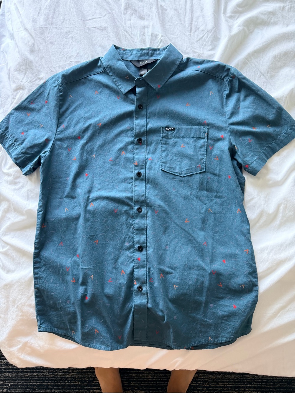 RVCA Teal Short Sleeve Button-Up Shirt with Pink Accent Print